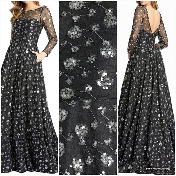 Mac Duggal 12360 Black Womens illusion Long Sleeve A Line Gown Dress